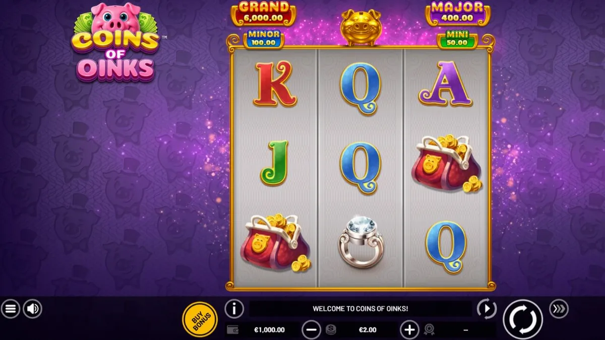 Interface do jogo de slot Coins of Oinks com porcos elegantes e moedas de ouro